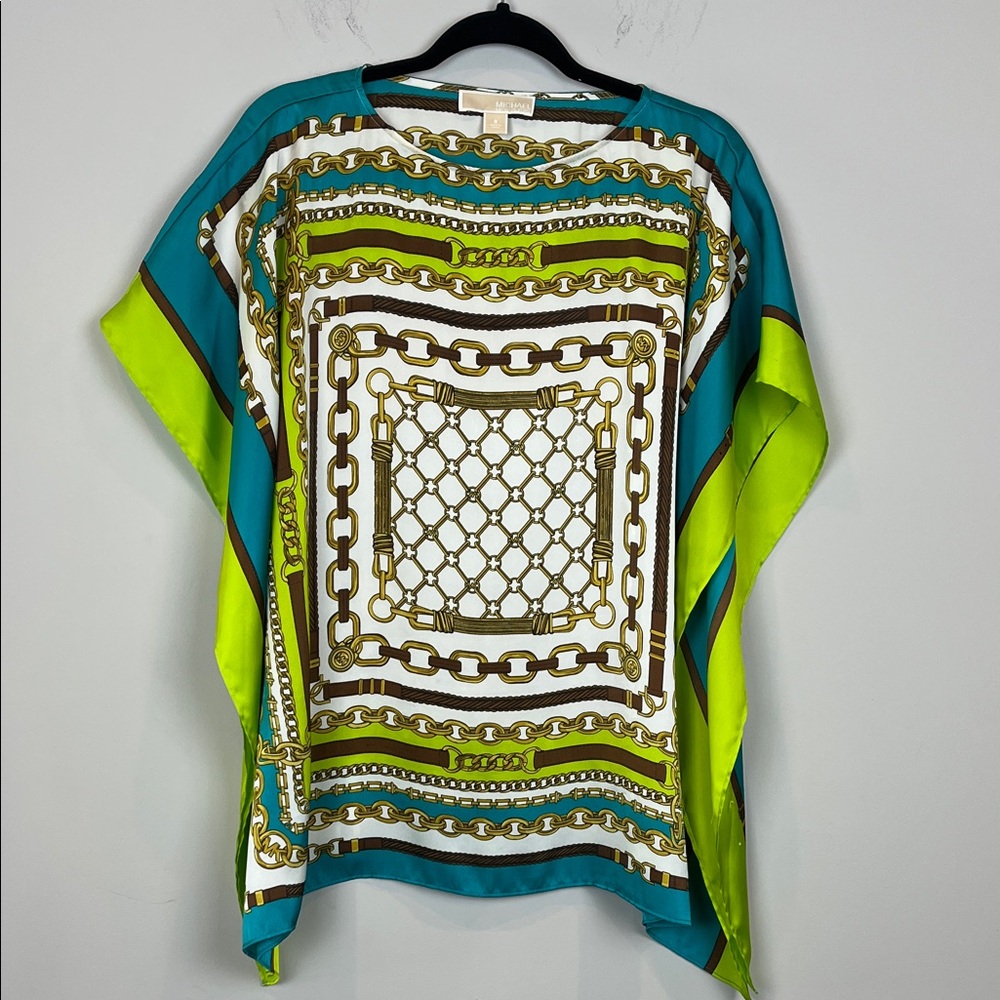 Michael Kors Silk-Feel Chain Print Poncho Shirt Blouse Teal Green Brown Small